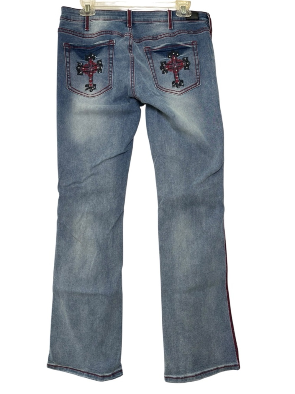 Flamingals Embroidered Red Crosses Distressed Blue Women's L 32x30 Flare Jeans - Picture 3 of 7
